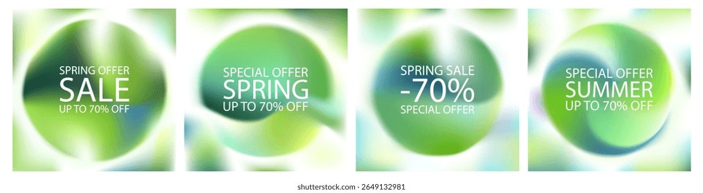 Abstract gradient background. Green color light vector blurred mesh. Organic fluid texture poster design set. Pastel liquid pattern in round glass lens. Soft sunny garden minimal backdrop. Modern wave