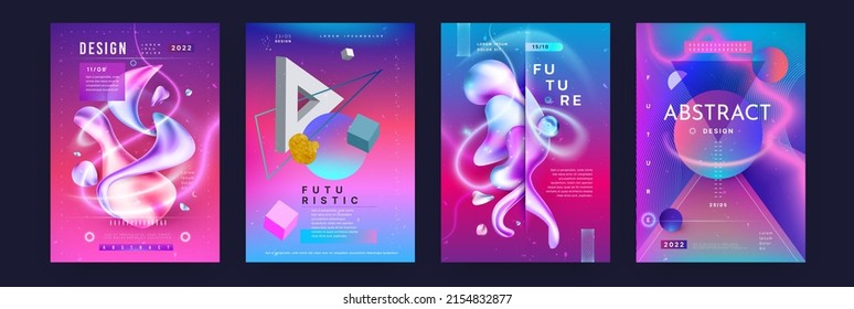 Abstract gradient background. Minimal geometric dynamic forms, banner with flow of glow. 3D texture, futuristic card pink and purple hologram colors, creative contemporary minimal vector set