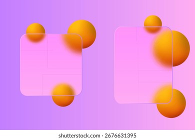 Fundo de gradiente abstrato com esferas laranja 3D e quadros transparentes. Eps 10