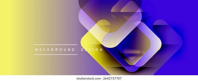 Abstract gradient background. Overlapping squares create dynamic visual effect. Yellow, purple hues dominate composition. Text reads background design.