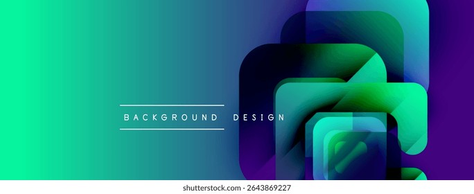 Abstract gradient background. Overlapping squares create dynamic visual effect. Text reads background design. Modern, vibrant colors present.