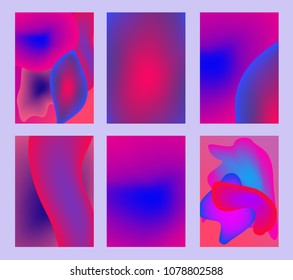 Abstract gradient background set with trend fluid, liquid colors pink, purple, ultra violet, magenta, ultramarine, blue colors for design, cover, web, poster, placard, print. Wave, dynamic flux effect