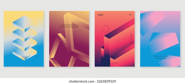 Abstract gradient background vector set. Minimalist style cover template with vibrant perspective 3d geometric prism shapes collection. Ideal design for social media, poster, cover, banner, flyer.