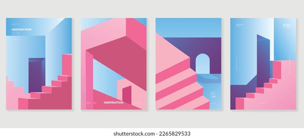 Abstract gradient background vector set  Minimalist style cover template and vibrant 3d geometric building shapes  stairs  room perspective  Design for social media  poster  cover  banner  flyer 