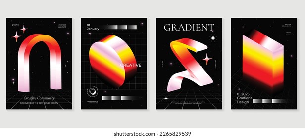 Conjunto de vector de fondo de gradiente abstracto. Plantilla de cubierta de estilo futurista con formas geométricas vibrantes 3d y textura cosmica de estrella brillante. Diseño ideal para medios sociales, afiche, portada, pancarta, volante.