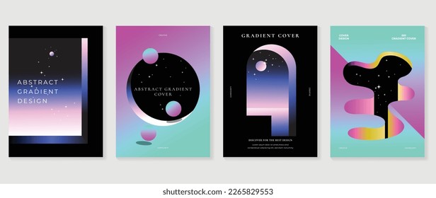 Abstract gradient background vector set. Futuristic style cover template with vibrant 3d geometric shapes and cosmic bright star texture. Design ideal for social media, poster, cover, banner, flyer.