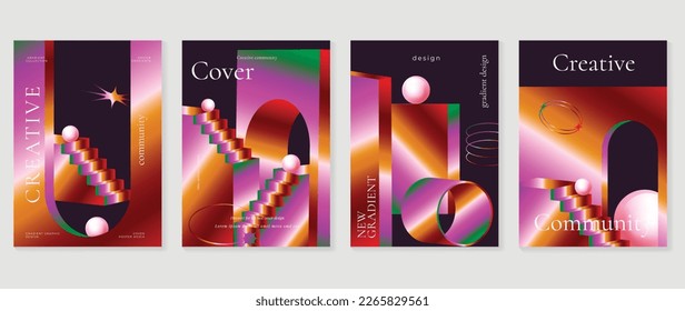 Abstract gradient background vector set  Futuristic style cover template and colorful vibrant 3d geometric building shapes  stair perspective  Design for social media  poster  cover  banner  flyer