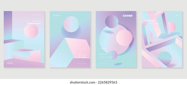 Abstract gradient background vector set. Minimalist style cover template with vibrant pastel perspective 3d geometric prism shapes collection. Design for social media, poster, cover, banner, flyer.