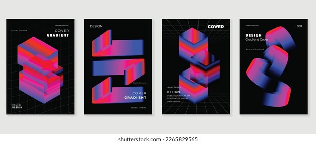 Conjunto de vector de fondo de gradiente abstracto. Plantilla de cubierta de estilo minimalista futurista con colores vibrantes de formas geométricas 3d prisma y líneas de cuadrícula. Diseño para medios sociales, afiche, portada, banner, volante.