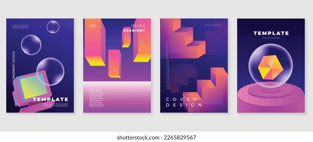 Abstract gradient background vector set  Minimalist style cover template and vibrant 3d geometric shapes  stairs  bubble  y2k vintage computer  Design for social media  poster  cover  banner  flyer 