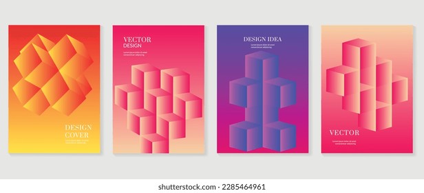 Abstract gradient background vector set. Minimalist style cover template with vibrant perspective 3d geometric prism shapes collection. Ideal design for social media, poster, cover, banner, flyer.