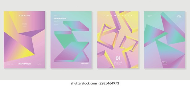 Abstract gradient background vector set. Minimalist style cover template with vibrant perspective 3d geometric prism shapes collection. Ideal design for social media, poster, cover, banner, flyer.