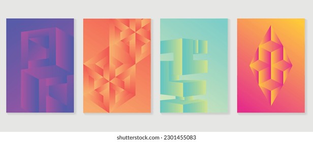 Abstract gradient background vector set. Minimalist style cover template with vibrant perspective 3d geometric prism shapes collection. Ideal design for social media, poster, cover, banner, flyer.