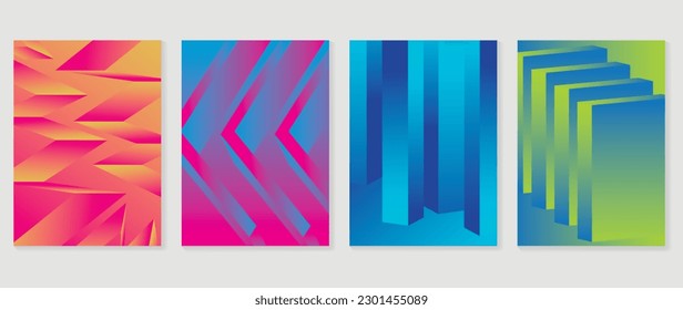 Abstract gradient background vector set. Minimalist style cover template with vibrant perspective 3d geometric prism shapes collection. Ideal design for social media, poster, cover, banner, flyer.