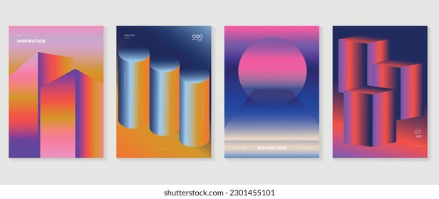 Abstract gradient background vector set. Minimalist style cover template with vibrant perspective 3d geometric prism shapes collection. Ideal design for social media, poster, cover, banner, flyer.