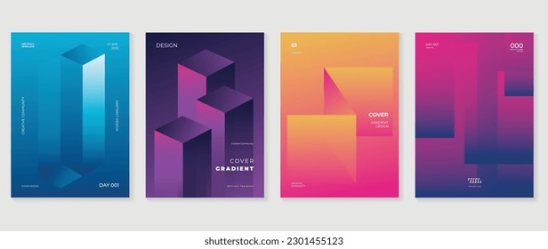 Abstract gradient background vector set. Minimalist style cover template with vibrant perspective 3d geometric prism shapes collection. Ideal design for social media, poster, cover, banner, flyer.