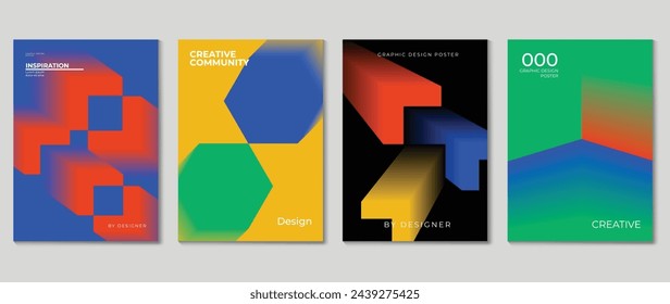 Abstract gradient background vector set. Minimalist style cover template with vibrant perspective 3d geometric prism shapes collection. Ideal design for social media, poster, cover, banner, flyer.