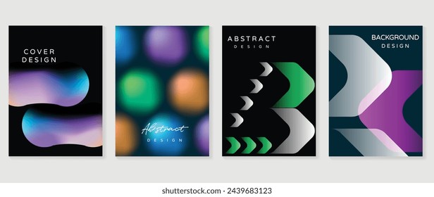 Abstract gradient background vector set. Minimalist style cover template with vibrant iridescent 3d geometric prism shapes collection. Ideal design for social media, poster, cover, banner, flyer.