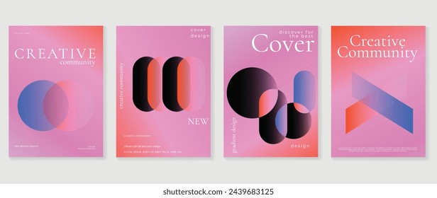 Abstract gradient background vector set. Minimalist style cover template with vibrant iridescent 3d geometric prism shapes collection. Ideal design for social media, poster, cover, banner, flyer.