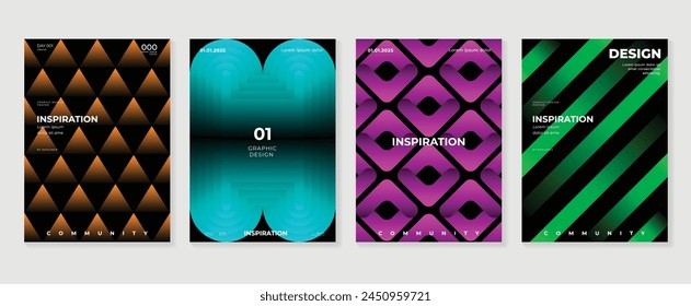 Abstract gradient background vector set. Minimalist style cover template with vibrant perspective 3d geometric prism shapes collection. Ideal design for social media, poster, cover, banner, flyer.