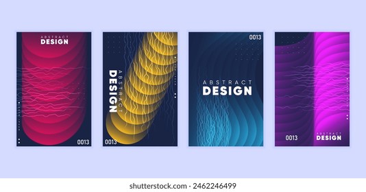 Abstract gradient background vector set. Minimalist style cover template with vibrant perspective 3d geometric prism shapes collection.