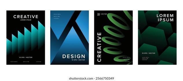 Abstract gradient background vector set. Minimalist style cover template with vibrant perspective geometric prism shapes collection. Ideal design for social media, poster, cover, banner, flyer.