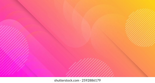 Abstract gradient background in vibrant pink, orange, and yellow tones with geometric elements. Features diagonal lines, soft circular shapes, and modern design accents. Perfect for digital 