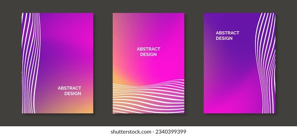 Abstrakte Farbverlauf-Hintergründe mit weißen, gewellten Linien. Set von bunten Designvorlagen für Poster, Banner, Broschüren, Flyer, Cover. Flüssigkeitsblütige, rosa Magenta-Wallpaper. Vektorgrafik 