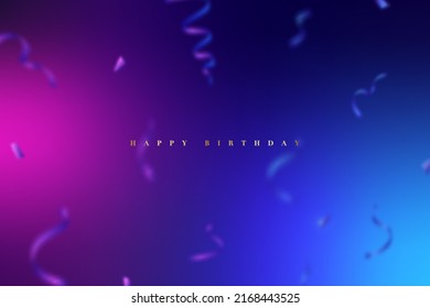 Pancarta de gradiente abstracto con confetti borroso. Papel de neón fluido. Efecto de desenfoque del movimiento. Vector Feliz cumpleaños, antecedentes.