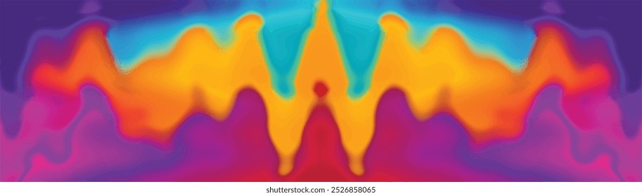 Banner de gradiente abstrato com design vibrante de ondas de fluxo roxo, laranja, amarelo e turquesa. Ideal para cabeçalhos de site, capas de mídias sociais e materiais de marketing digital com grade de fluido dinâmico