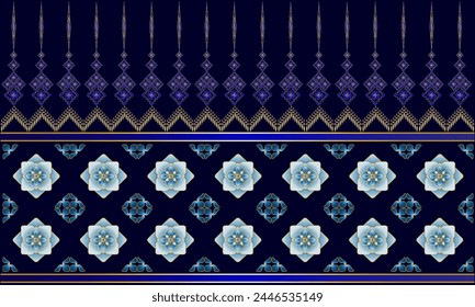 Abstract gradient blue background with Thai and floral patterns.