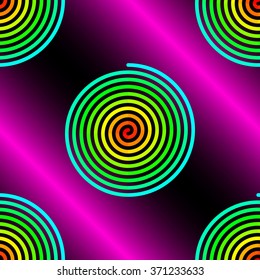 Abstract gradient blue to red spirals on pink black background seamless pattern