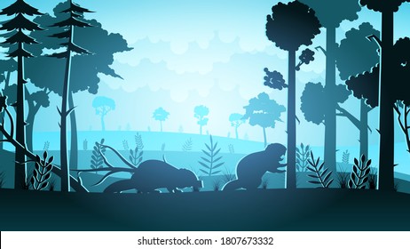 Abstract Gradient Blue Sky Color Forest Background With Tree And Beavers Vector Design Style Silhouette Nature Landscape