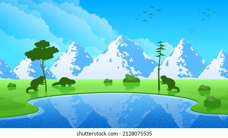 Abstract Gradient Blue Sky Color Mountains Water Background With Beavers Vector Design Style Silhouette Nature Landscape