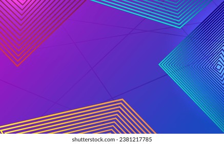 Abstract gradient color glowing geometric lines on on blue purple background with copy space. Minimal covers design.Neon glowing techno lines.Layout for dynamic poster template,wallpaper. Vector EPS10