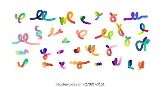 Abstract gradient color lines set featuring 3D wave line shapes forming spiral rainbow ribbons ideal for vibrant modern digital graphic design projects