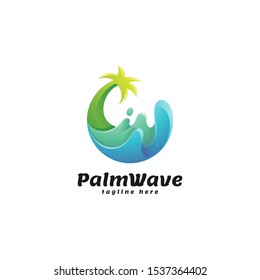 Abstract Gradient Color Palm Tree and Water Wave Logo Icon