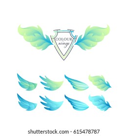 Abstract gradient color wings' set. Green and blue isolated objects. 