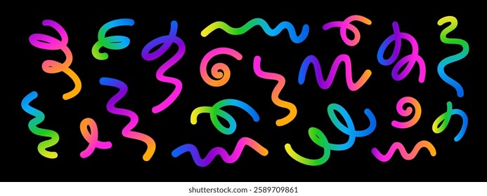 Abstract gradient confetti lines. Celebration ribbons. Color Birthday and carnival elements. Vector background with colorful confetti for surprise gift