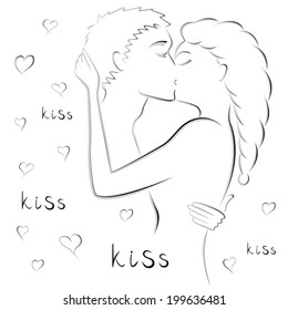 Abstract gradient contour of young couple kissing, hand drawing vector artwork
