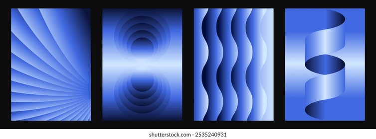 Abstract gradient cover design set. Futuristic backgrounds with trendy geometric shapes and vibrant blue wave pattern. Vector collection for social media, flyer, poster, banner.