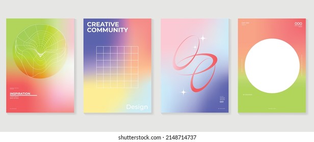 Abstract gradient cover template. Colorful poster in modern style with hologram, circle, bubbles, grid, star, sparkling elements. Fluid gradient perfect for presentation, business, media, banner.