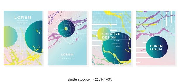 Abstract gradient cover template. Colorful poster in modern style with hologram, circle, bubbles, grid, star, sparkling elements. Fluid gradient perfect for presentation, business, media, banner.