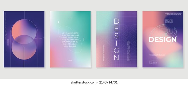 Abstract gradient cover template. Purple poster in modern style with hologram, circle wireframe, wave grid, star, sparkling elements. Fluid gradient perfect for presentation, business, media, banner.