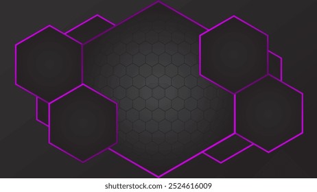 ABSTRACT GRADIENT DARK BACKGROUND DESIGN WITH GEOMETRIC HEXAGON GRADIENT PURPLE COLOR SHAPES PATTERN VECTOR TEMPLATE GOOD FOR MODERN WEBSITE, WALLPAPER, COVER DESIGN 