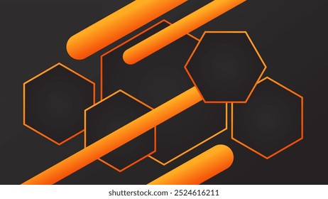 ABSTRACT GRADIENT DARK BACKGROUND DESIGN WITH GEOMETRIC HEXAGON GRADIENT ORANGE COLOR SHAPES VECTOR TEMPLATE GOOD FOR MODERN WEBSITE, WALLPAPER, COVER DESIGN 