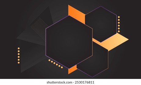 ABSTRACT GRADIENT DARK BACKGROUND DESIGN WITH GEOMETRIC HEXAGON GRADIENT ORANGE COLOR SHAPES VECTOR TEMPLATE GOOD FOR MODERN WEBSITE, WALLPAPER, COVER DESIGN 