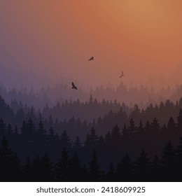 Abstract gradient design with mountains silhouettes and big forest with birds
