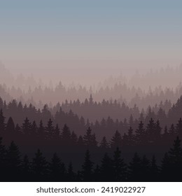 Abstract gradient design with mountains silhouettes and big forest