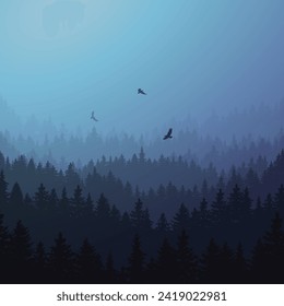 Abstract gradient design with mountains silhouettes and big forest with birds